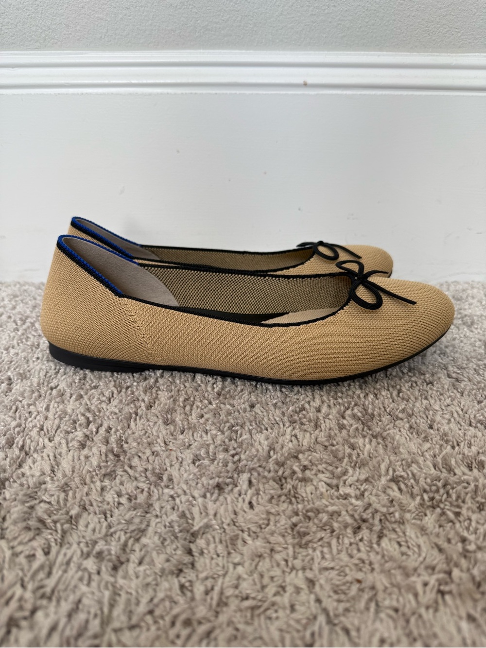 Rothy's Tan Round Toe Ballet Flats with Black Trim and Bow - Picture 6 of 11